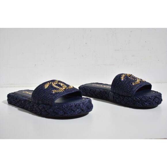 Chanel 21C Navy Blue Cord Gold Chain CC Logo Mule Slide Slip On Sandal Flat 35 - Picture 4 of 12
